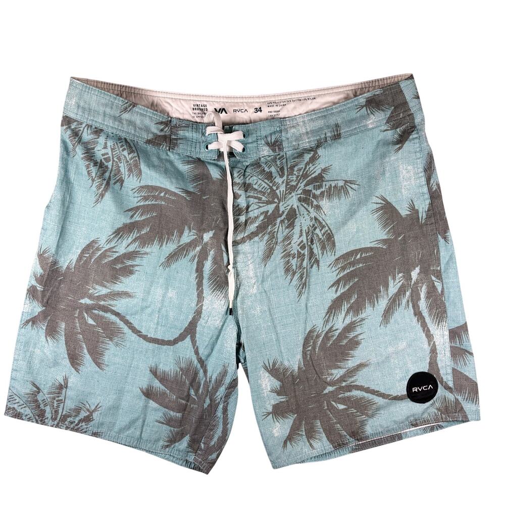 RVCA Men's Board Shorts 34 Blue It's All Gravy Palm Tree Tropical Print Summer
